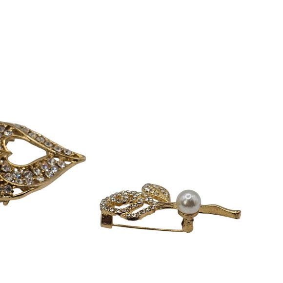 VTG Brooch Set 2PC Gold Tone Clear Rhinestone Rose Faux Pearl Heart Jewelry Pins - Picture 6 of 10